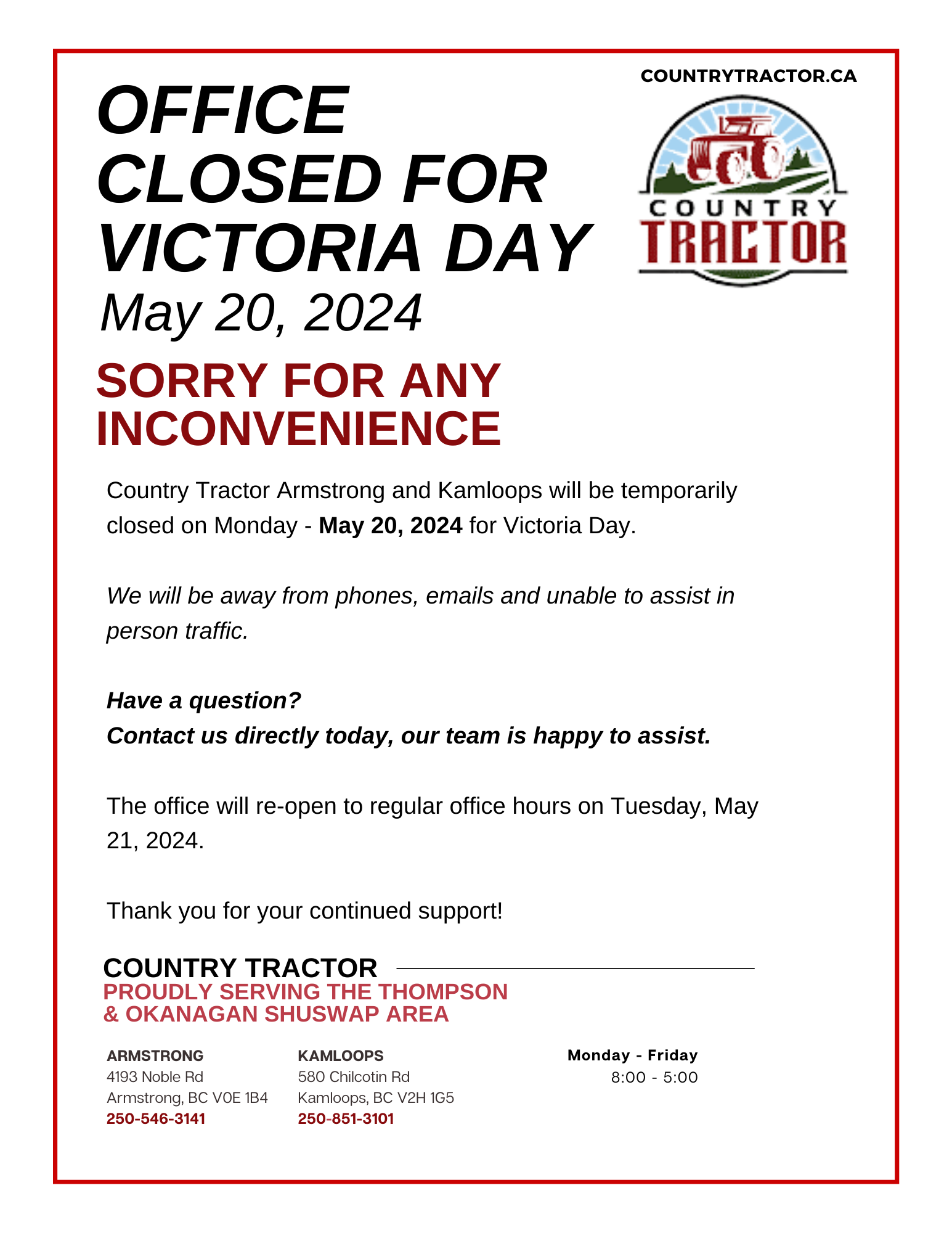 Office closed on May 20th, 2024